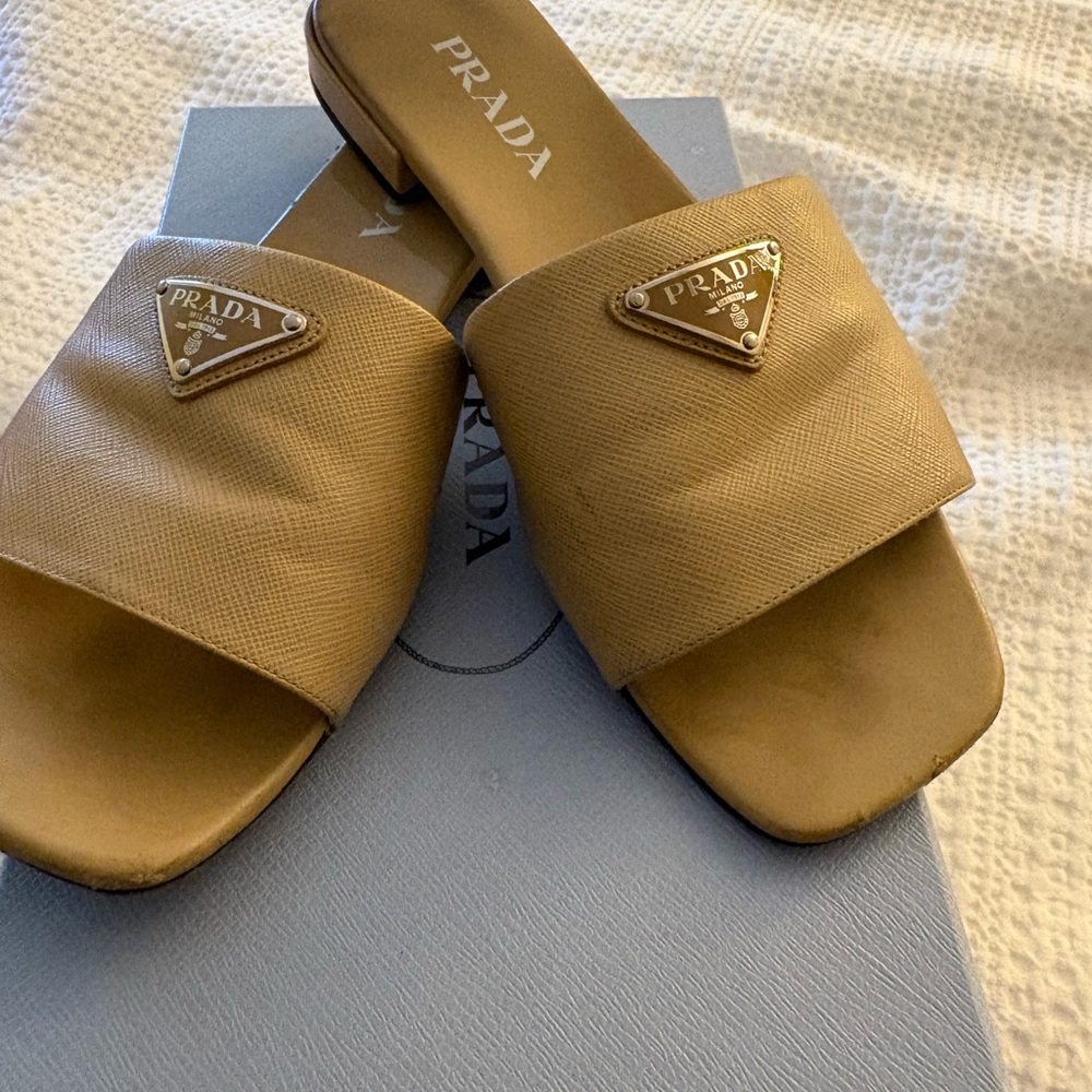Prada Women's Beige Mules with Logo Accent